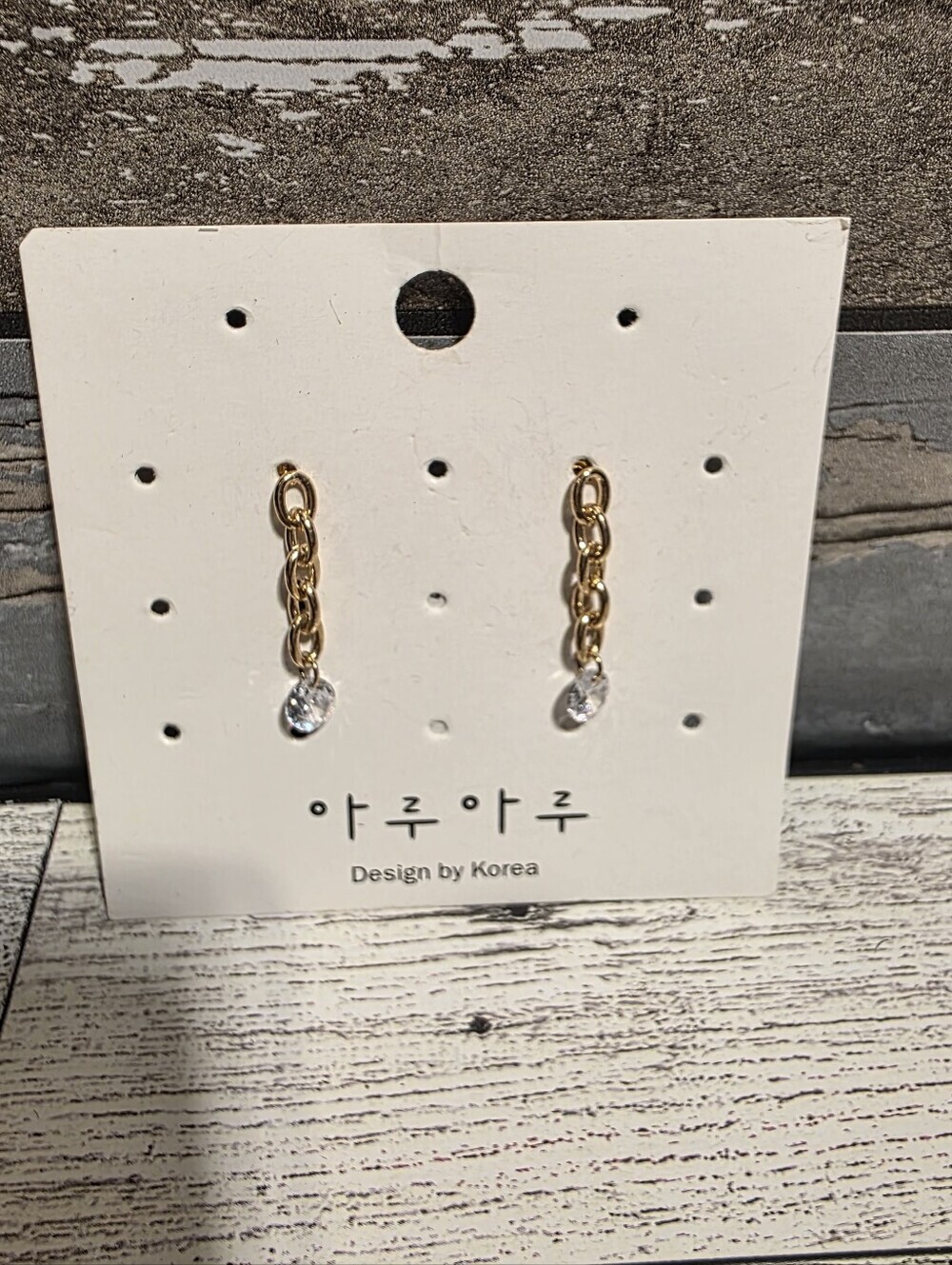Gold Chain Drop Earrings with Clear Crystal Accent -